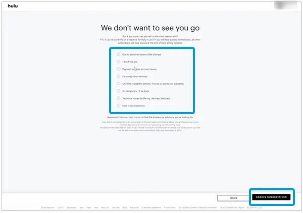 Choose one of the reasons, and then hit Cancel Subscription.