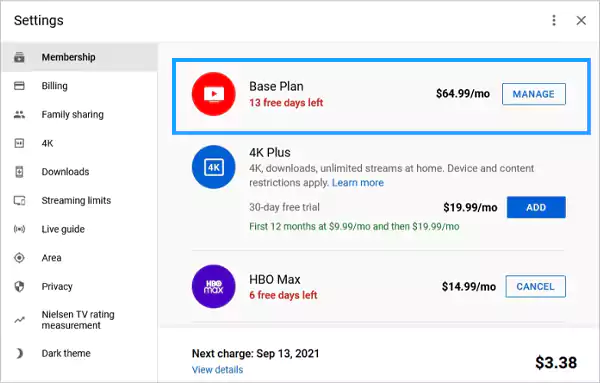 Locate the YouTube TV option and click on Manage