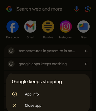 Google app error message, “Google keeps stopping”